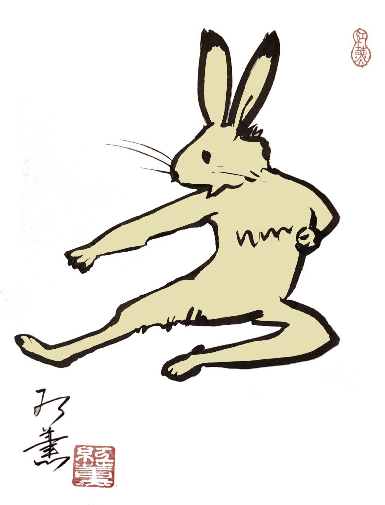 Ein gemaltes Bild, das einen Hasen zeigt, der aber aufrecht steht. Der Hase scheint im Sprung oder Sprungkick zu sein, der rechte Vorderlauf ist wie in einem tsuki nach vorne gestreckt, der linke Vorderlauf ist im hikite.