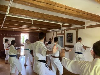 Mehrere Karateka laufen in einem Raum die Kata Haffa.